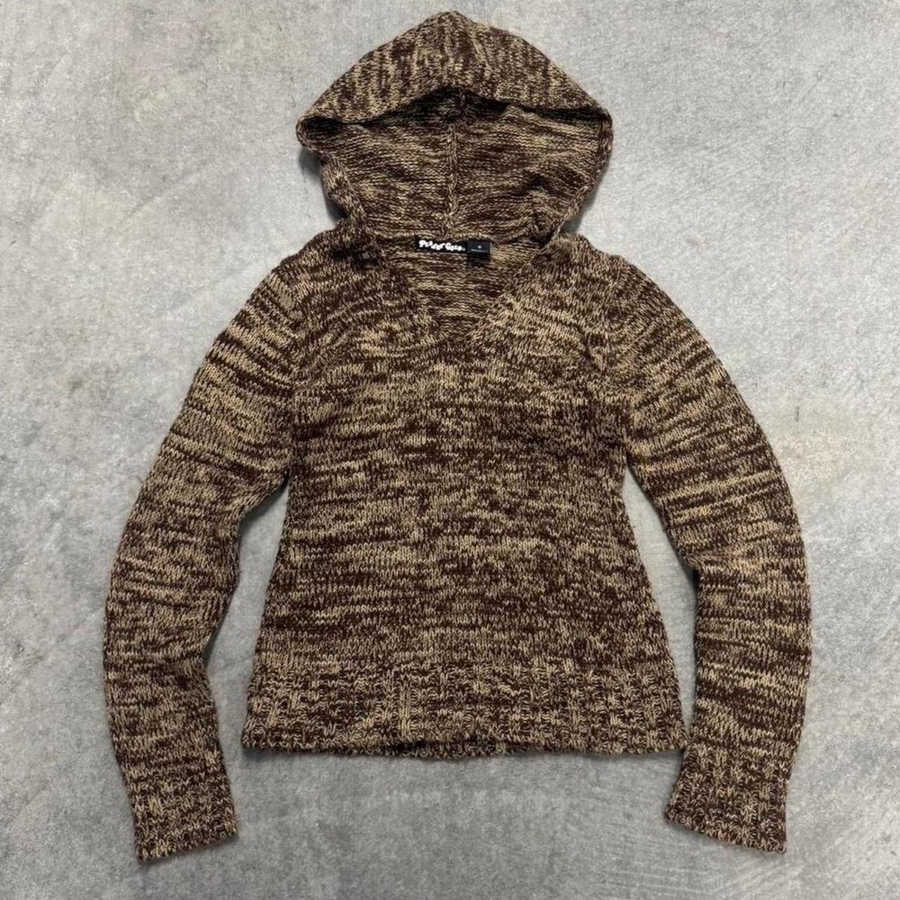 Woman's Brown Acrylic Pullover Hooded V Neck Sweater Indie Boho Granola Medium